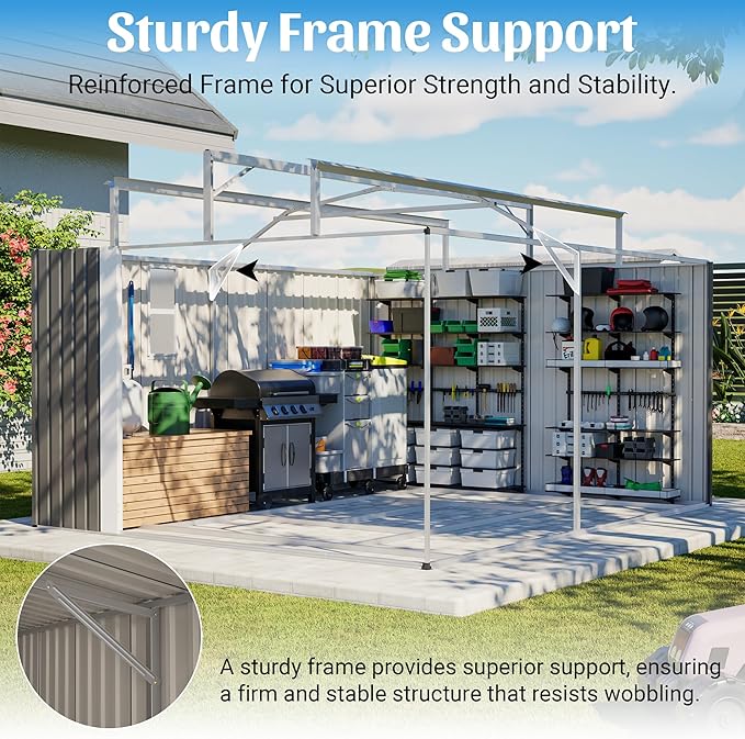 10x12 FT Outdoor Storage Shed with Floor Frame Kit, Heavy Duty Rust-Resistant Steel Tool Shed, Waterproof Metal Storage Building with Lockable Doors for Backyard Garden Patio, Gray