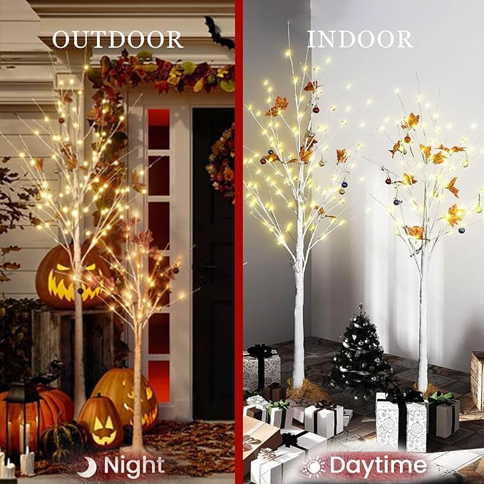 AWQM 4 Feet 5 Feet and 6 Feet Lighted Cherry Blossom Tree, Pack of 3, 200 LED Lights 24 Maple Leaves 24 Balls, for Home, Festival, Party, and Christmas Decoration, Indoor and Outdoor Use (White)