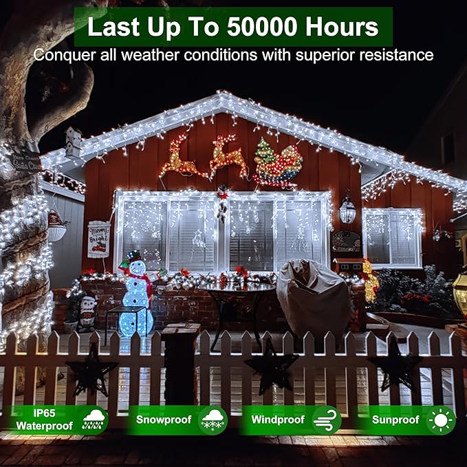 1296 LED Outdoor Christmas Lights with 288 Drops, 131FT ChristmasLights with 8 Modes Timer, Christmas Twinkly Lights IP44 Waterproof for Eaves Yard Room Holiday Wedding Party Decor(Cool White)