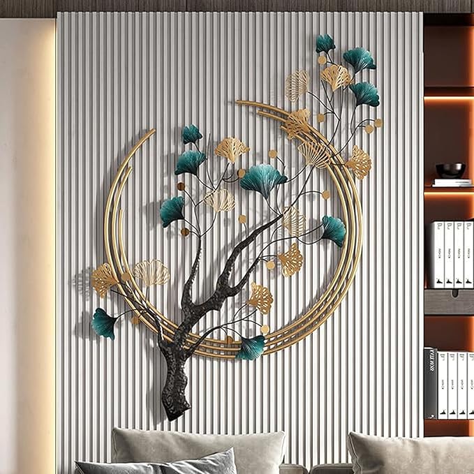 Futyli Large Metal Art Wall Decor - 3D Ginkgo Leaf Wall Art, 36.6" Vertical, Unique Gold for Bedroom & Dining Room Decoration
