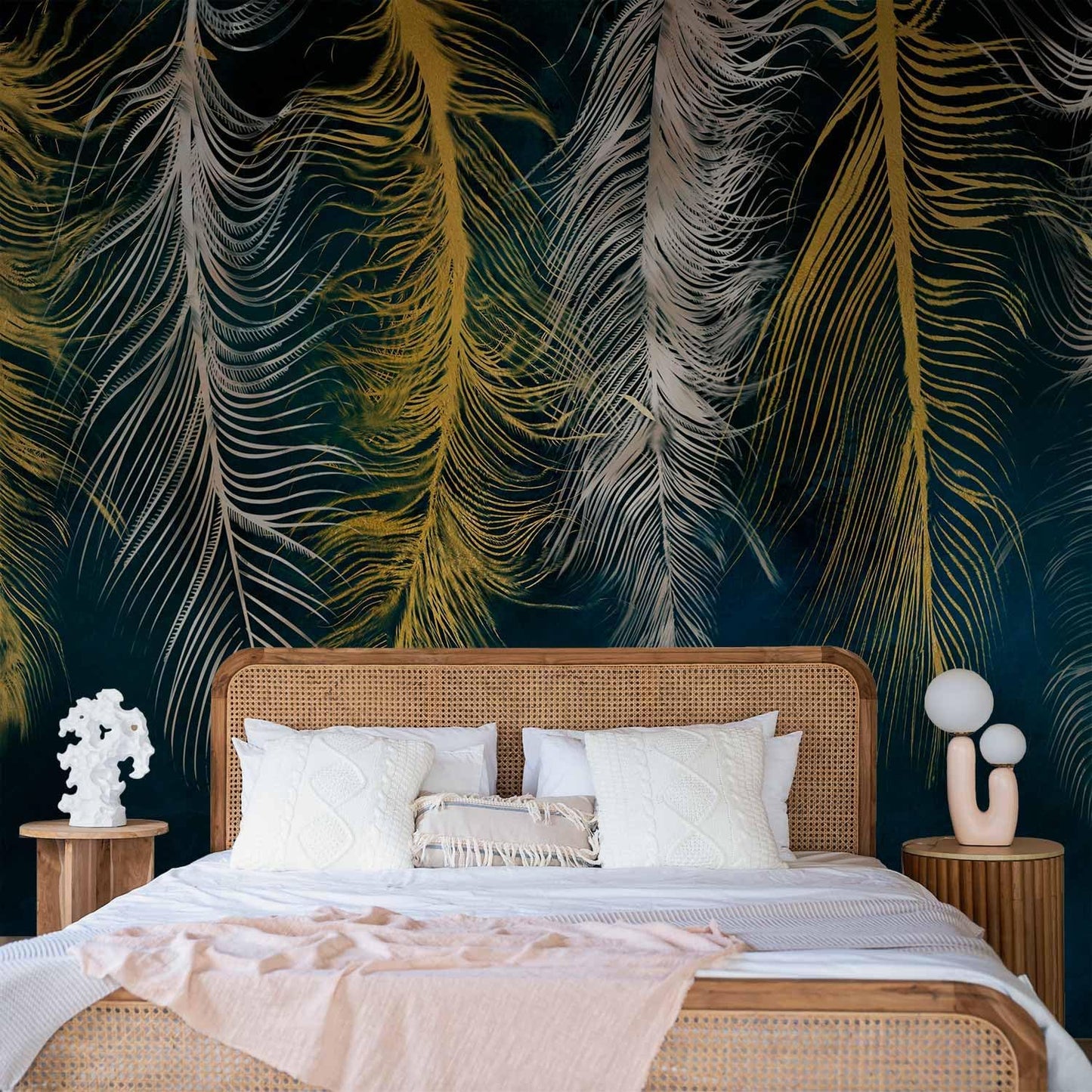 artgeist Premium Wall Mural Feather 98x69 in - Non-Woven Wallpaper Fleece Wall Decor Photo Print Picture Image Design Landscape Abstract Beige Navy Blue b-A-0812-a-a