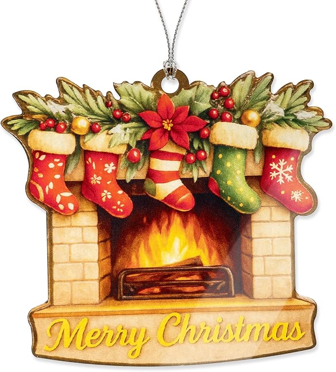 Christmas Fireplace Ornament – Holiday Decor - Christmas Stocking Ornament - Family Christmas Keepsake – Christmas Ornament 2025 – Suncatcher Effect Window Hanging