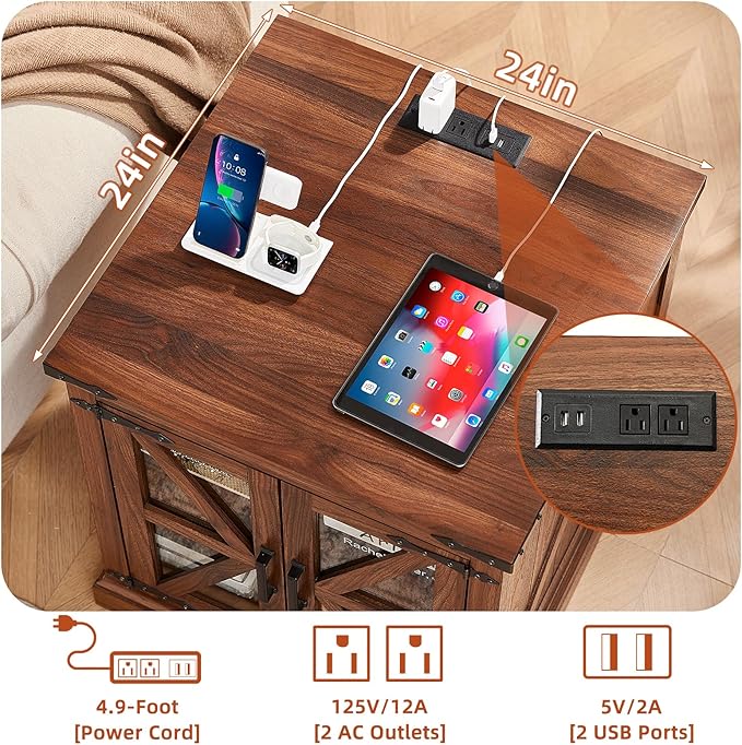 Farmhouse End Tables Living Room Set of 2, Small Night Stand and 24" Large Side Table with Charger Station, Wood Furniture Sets, Nightstand Bedside End Table for Bedroom