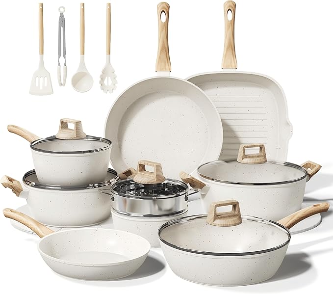24 Pcs Pots and Pans Set Non Stick Ceramic Cookware Set,Healthy Non Toxic Kitchen Cookware Sets with Large Capacity,Induction Compatible,PFAS/PTFE/PFOA/PFOS Free,Cream White