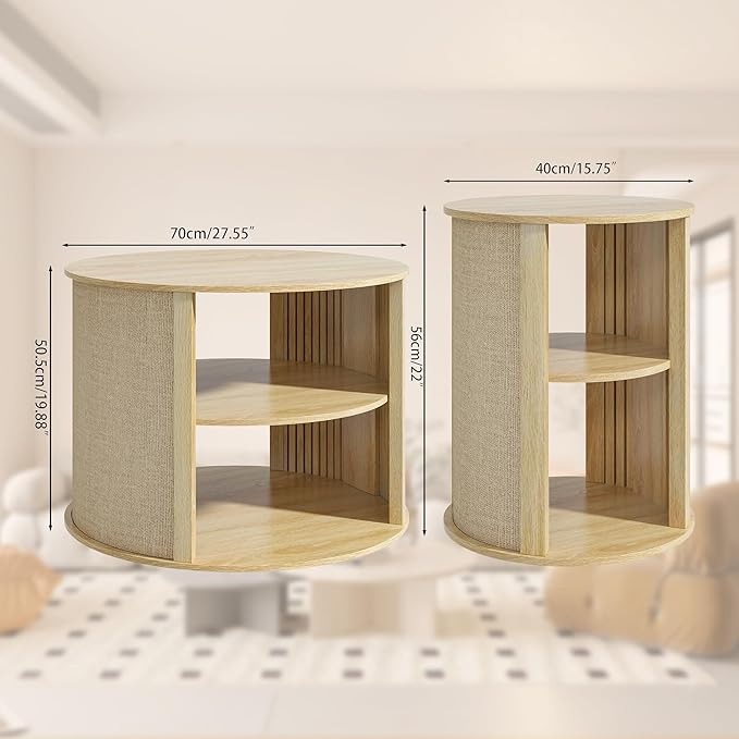 Wood Round Coffee Table Set, 2-Tier Farmhouse Center Coffee Table and End Table Sets of 2 with Adjustable Shelf, Sackcloth Finish, Boho, for Living Room, 27.5 Inches, Nature
