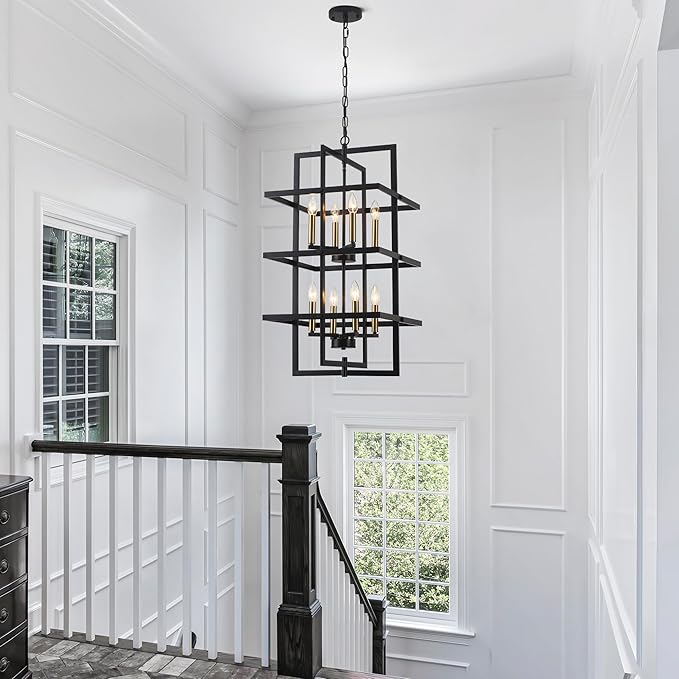 33.46" Large Black Chandelier for High Ceilings Tiered Pendant Light Fixtures Rectangular Farmhouse Chandelier for Foyer Entryway Staircase Living Room Kitchen Island 8 Lights