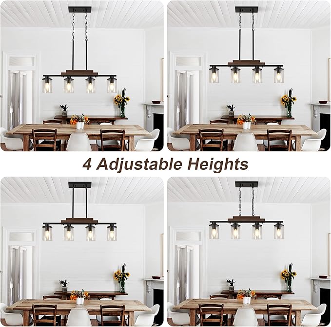 Pendant Lights Kitchen Island, 4-Light Farmhouse Chandeliers for Dining Room, Black Linear Chandelier with Clear Glass Shades, Modern Rustic Wood Chandelier with Adjustable Height