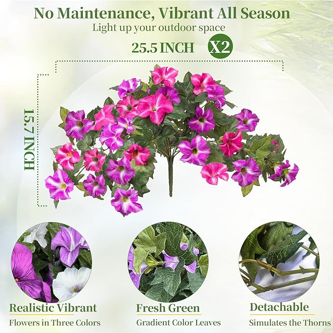 Artificial Fake Flowers Plants for Outdoors Decoration 2PCS No Fade Faux Petunias UV Resistant Realistic Silk Flowers for Home Garden Balcony Yard Porch Deco (Fuchsia)