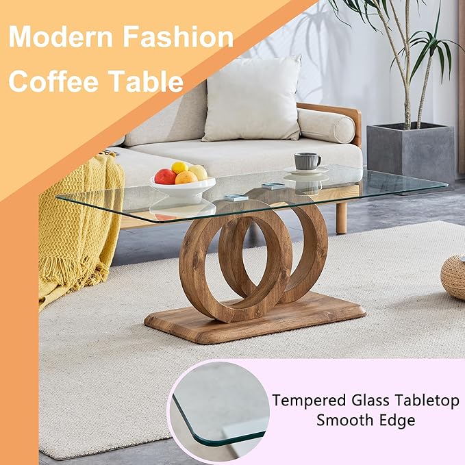 Modern Glass Coffee Table, 47”Rectangular Coffee Table for Living Room, Clear Center Table with Tempered Glass Top and Wood Finish Base