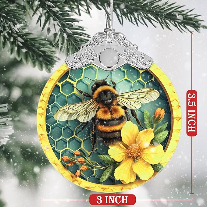 Christmas Decorations Ornaments, Stained Glass Ornament, Christmas Tree Ornaments, 2025 Gift Ornament, Xmas Gift for Friend Family Coworker - Bee
