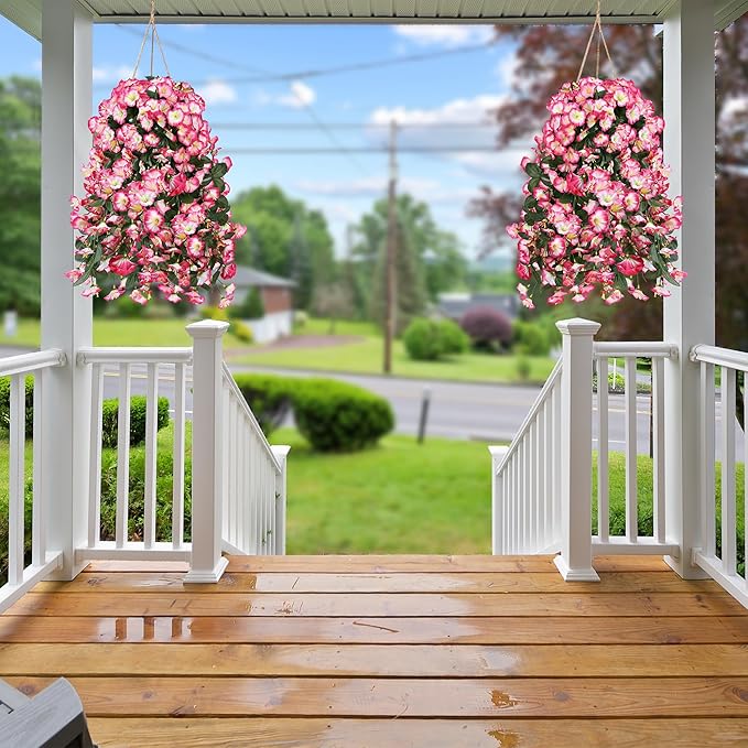 Sggvecsy Artificial Fake Hanging Flowers Plants for Outdoor Outside Spring Summer Decoration 2PCS Faux Silk UV Resistant Realistic Morning Glory Trailing Vines for Home Porch Patio Balcony(Pink)