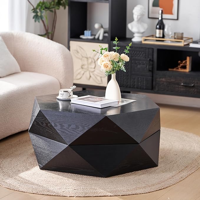 36.61" Round Drum Coffee Table with Storage, Farmhouse Retro Coffee Table for Living Room, Office, Black
