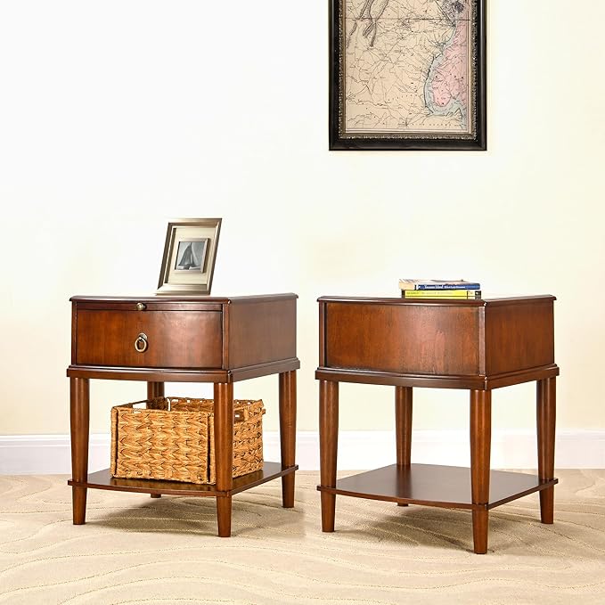 2-Set Traditional Wood End Table with Drawer and Storage Shelf, Hardwood Beside Table with Pull-Out Divider, Modern Vintage Sofa Chair Side Table Nightstand for Living Room Bedroom, Cherry Brown