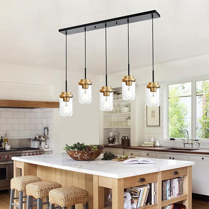 MELUCEE 5-Lights Adjustable Hanging Pendant Light Fixtures 37 Inches in Black, Modern Kitchen Island Lighting Linear Chandelier for Dining Room Over Table with Clear Glass Shade, Gold Socket