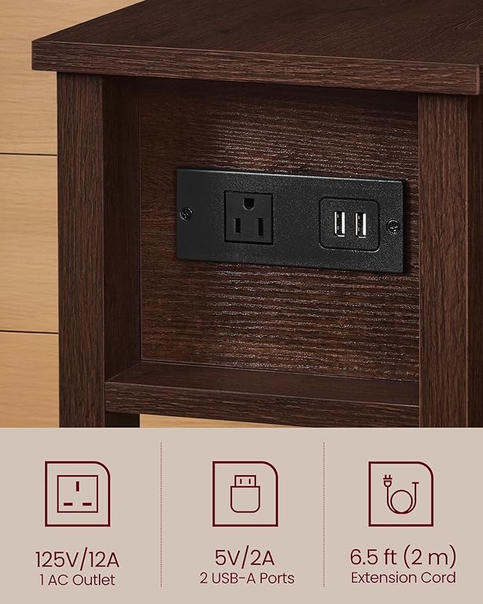 VASAGLE Farmhouse End Table with Storage Drawer, Narrow Side Table with Charging Station, Nightstand, Easy Assembly, for Living Room, Bedroom, Saddle Brown ULET328K01
