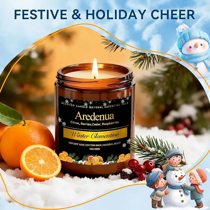 Winter Candles – Winter Clementine Candle | Holiday Scented Candles - Citrus Soy Candle for Odor Eliminator | Winter Christmas Gift for Women Men 7oz Jar with 50H Clean Burn & Long Lasting