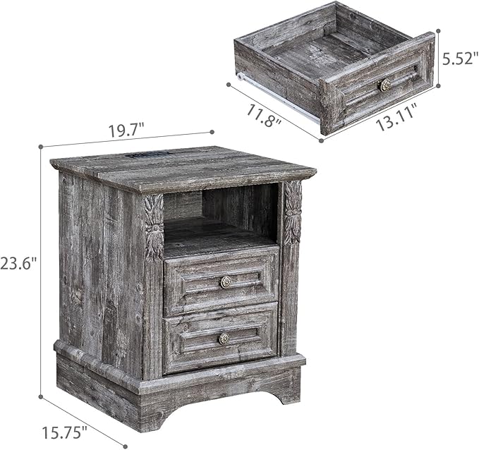 Nightstand wtih Charging Station, 20" End Table with 2 Drawers, Farmhouse Side Table Storage Cabinet with Carved Pilasters for Bedroom, Wood Rustic,Light Gray
