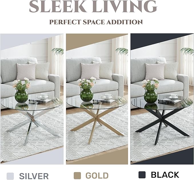 Black & Round Glass Coffee Tables for Living Room, Home Office, Modern & Simple Center Table with Gray Tempered Glass Top, 35.5" Wx19.7 H