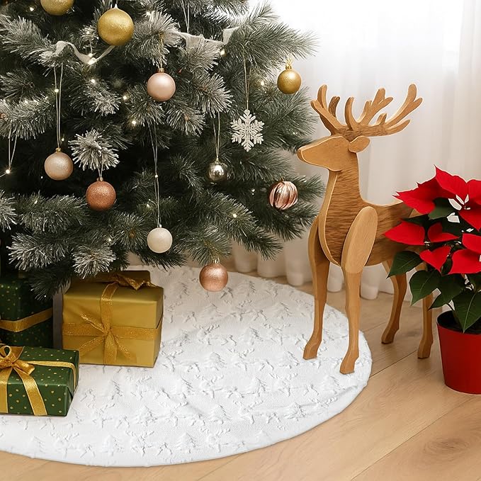 Civaner 48 Inch White Christmas Tree Skirt Faux Fur with Cable Knit Vintage for 7.5 ft Christmas Trees Decoration Thick Plush Skirt Decorations for Xmas Holiday