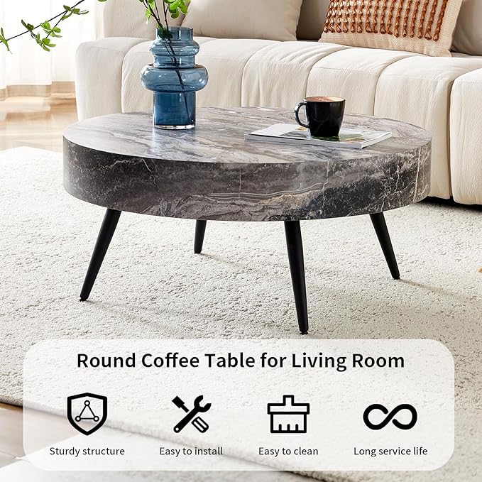 LKTART Coffee Table for Living Room, Round Wood Coffee Tables, Modern Metal Accent Center Tea Table for Apartment Small Space (31Inch-Marble Grey)