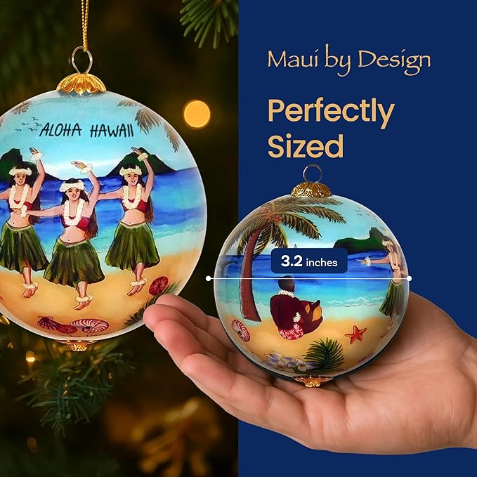 Collectible Hawaiian Hula Ornament Hand Painted Glass with Gift Box HU/H