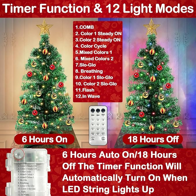 3 Ft Green Christmas Tree, 12 Modes Timer DIY 50 Multicolor Lights 15 Ball Ornaments 3D Star Battery Operated Artificial Xmas Tree for Indoor Home Holiday Party Decorations