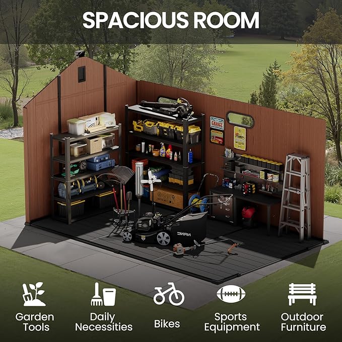 CRESTLIVE 8x12 FT Rust-Resistant Plastic Outdoor Storage Shed, Waterproof Resin Garden Shed with Floor, Doors, Skylight & Vent for Lawn Tools & Bikes