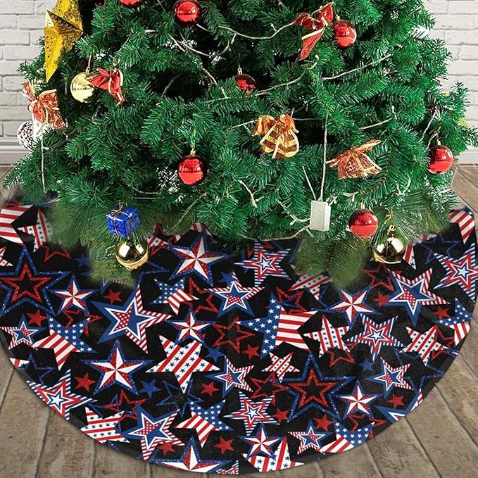 Patriotics American Flag Stars and Stripes Veterans Day Christmas Tree Skirt 4th of July Decorations Christmas Tree Ornaments Holiday Party Indoor Outdoor 48"