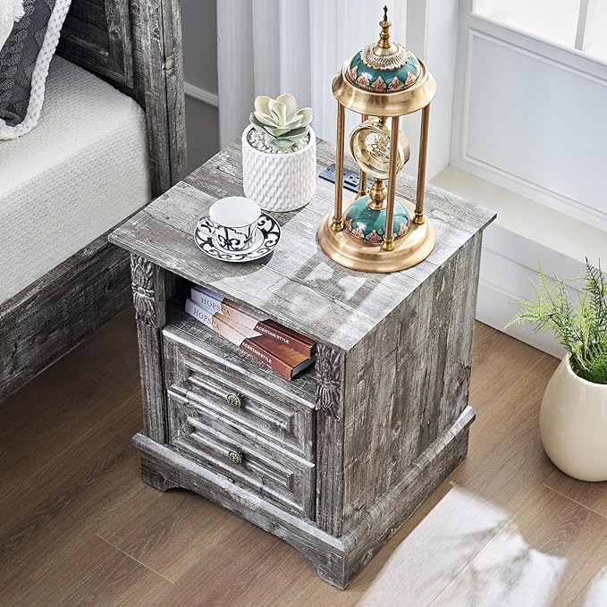 Nightstand wtih Charging Station, 20" End Table with 2 Drawers, Farmhouse Side Table Storage Cabinet with Carved Pilasters for Bedroom, Wood Rustic,Light Gray