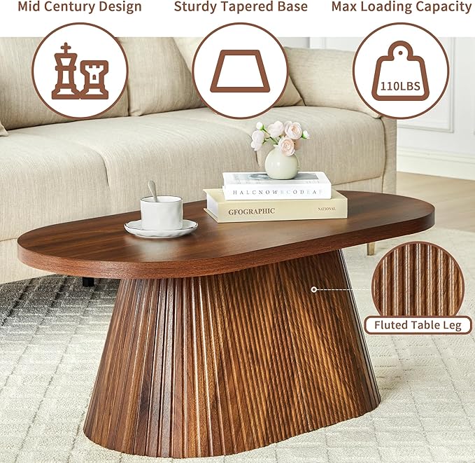 Fluted Coffee Table with Sturdy Tapered Base, Wood Oval Small Coffee Table, Mid Century Modern Center Table for Living Room Office (Walnut)