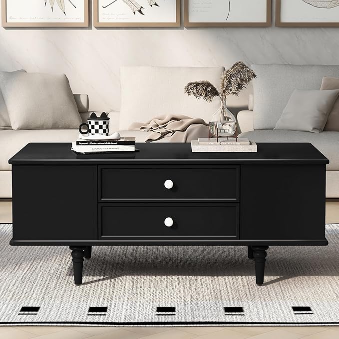 Modern Wooden Coffee Table with Hidden Storage Cabinets and Drawers, 47.2-Inch Rectangular Center Cocktail Table with Solid Wood Legs for Living Room, Black