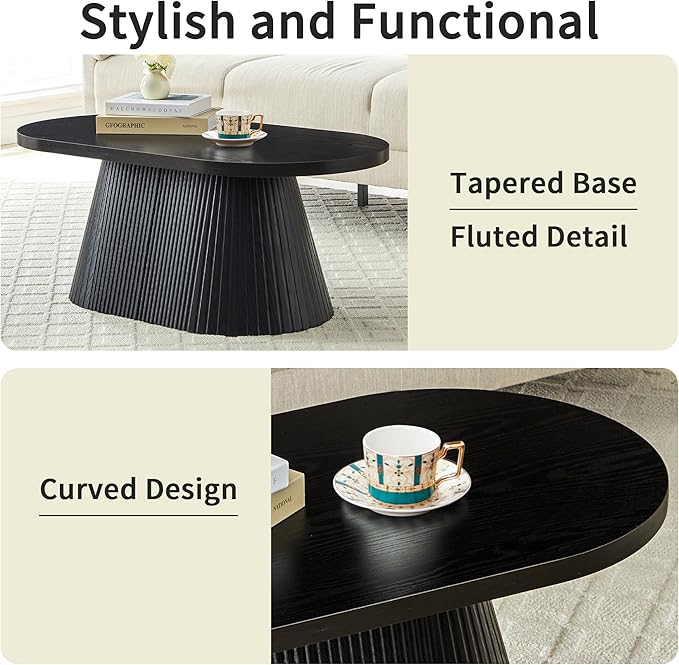 Fluted Coffee Table with Sturdy Tapered Base, Wood Oval Small Coffee Table, Mid Century Modern Center Table for Living Room Office (Black 1)