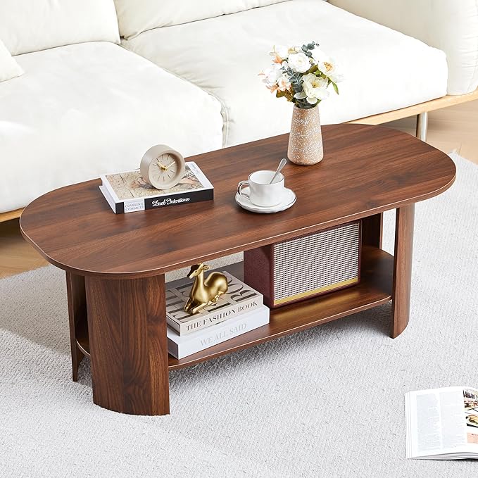 43.3” Oval Coffee Table for Living Room, Wood Farmhouse Coffee Tables with Storage, 2-Tier Center Table with Storage Shelf Low Tea Table for Small Space, Home, Office, Easy Assembly (Walnut)