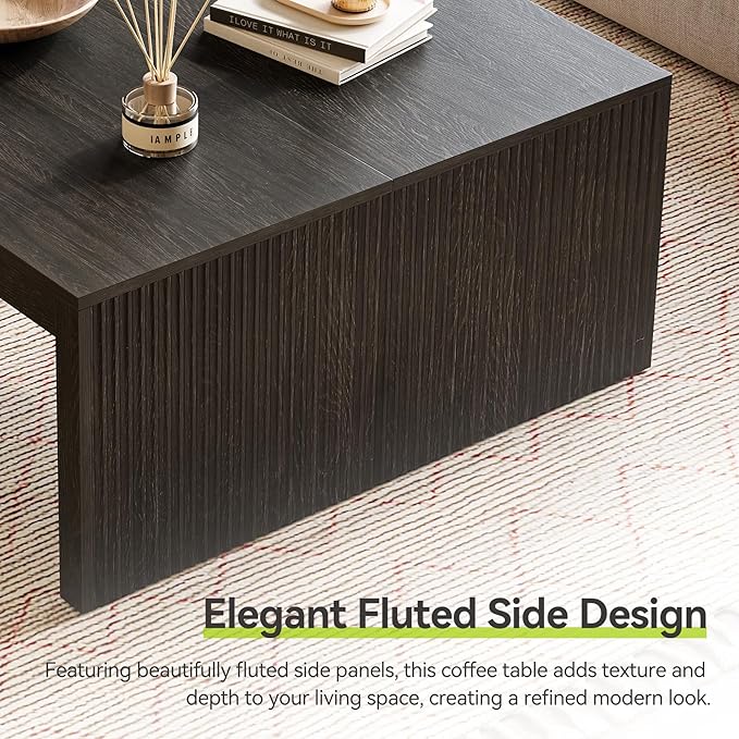 LITTLE TREE Square Coffee Table, 39.4-Inch Fluted Coffee Tables, Mid-Century Modern Center Cocktail Table for Living Room Bedroom, Easy Assembly, Black