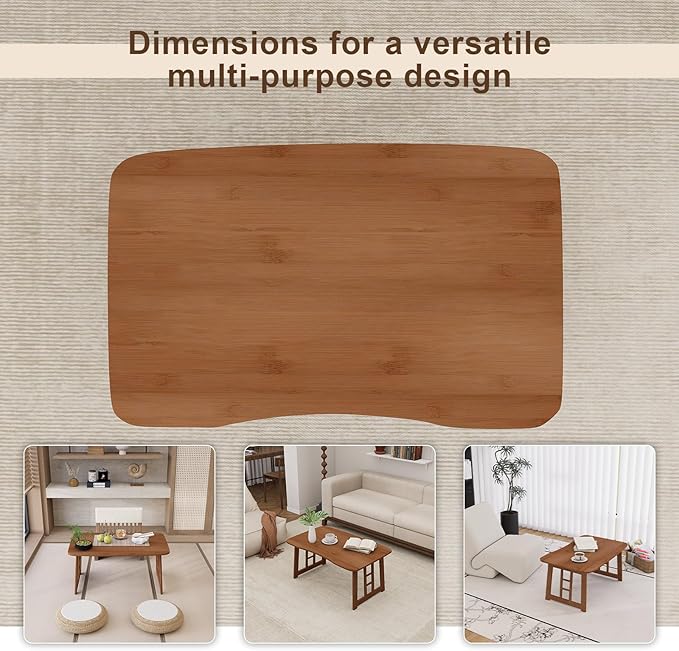 Folding Coffee Table for Living Room, 31.5 in Foldable Floor Table, Bamboo Low Coffee Tables for Small Spaces, No Assembly, Lightweight Simple Storage for Apartment, Sunroom (Brown)