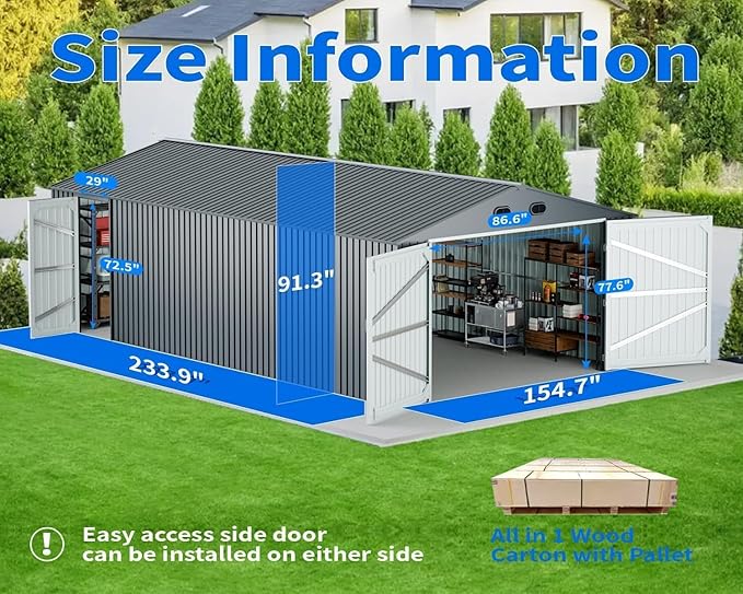 13x20 Outdoor Storage Shed, Extra Large Metal Garage Building, Heavy Duty Steel Car Shed with Side Door & Updated Frame Structure, Waterproof Carport for Car, Truck, Bike, Tool Storage, Dark Gray