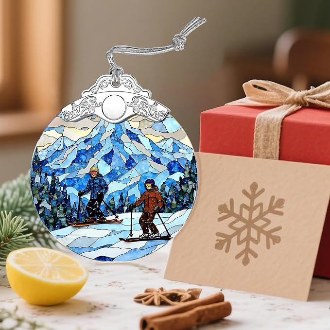 Stained Glass Ornament, Christmas Ornaments, Christmas Decorations for Tree, Holiday Ornament, Gifts for Skiers, Holiday Party Gifts, Gift Ideas & Xmas Gift - Snowy Mountain
