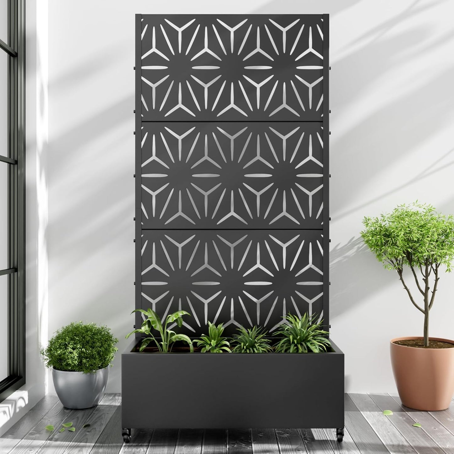 Casaphoria Metal Raised Garden Bed with Trellis and Wheels, 72"x35"x16" Planter Box for Climbing Plants, Vegetables & Vines, Features Drainage Holes and Privacy Screen (Black-Star)