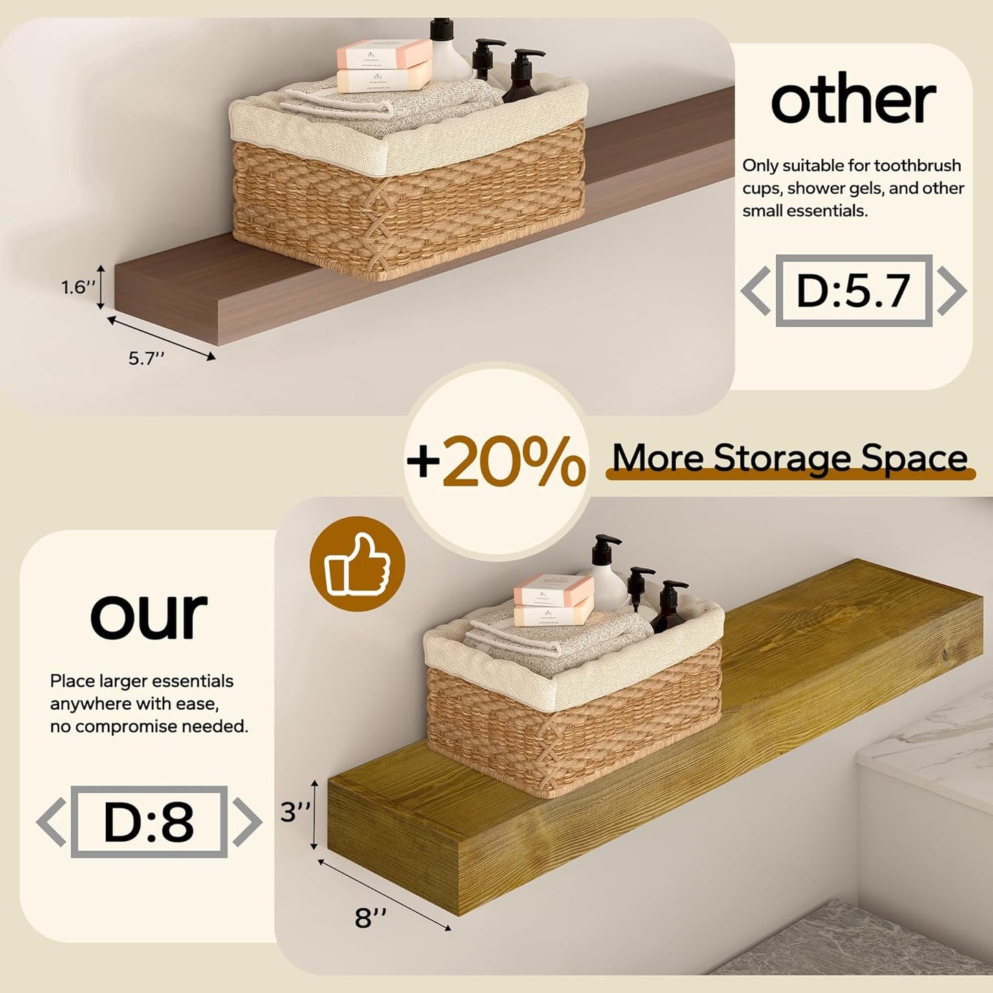 Floating Shelves 3 inch Thick for Wall Set of 2,Solid Pine Wood Wall Mount Shelf for Kitchen Living Room Bedroom Bathroom,8" D x 24" L x 3" H-Gold Oak