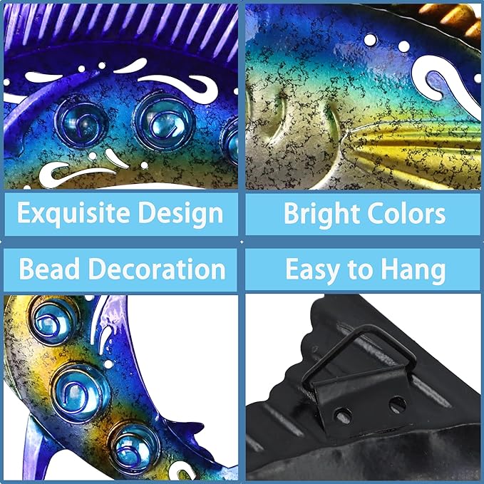 Metal Fish Wall Art Decor, 3-Piece Marlin Tuna Swordfish Set, Blue and Gold Tropical Ocean Theme Outdoor Wall Christmas Decor for Patio Garden Yard, Decorative Hanging Sculptures Christmas Decoration Gift