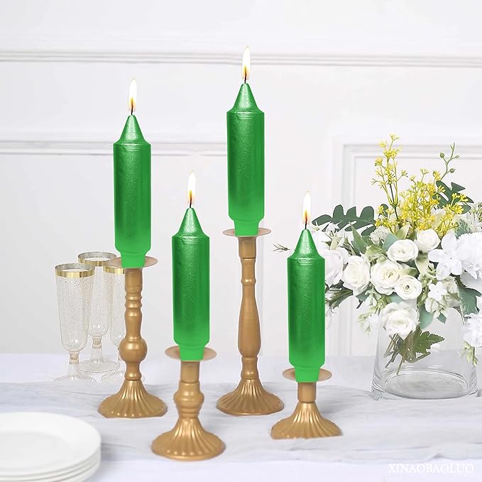 5 Inch Short Taper Candles Candle Sticks Handmade Set of 4 Smokeless Long Burning Dripless Tapered Candle for Wedding Christmas Home Decoration(Metal Green)