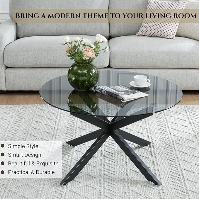 Black & Round Glass Coffee Tables for Living Room, Home Office, Modern & Simple Center Table with Gray Tempered Glass Top, 35.5" Wx19.7 H