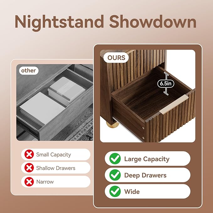 Fluted Nightstand Set of 2, Walnut Finish Bedside Table with Spacious Storage Drawers, Night Stand with Solid Wood Round Legs for Bedroom, End Table, Side Table