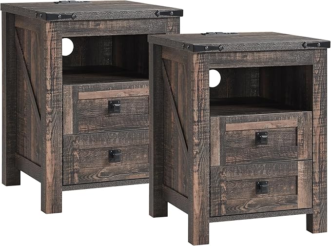 T4TREAM Farmhouse Nightstand Set of 2 with Charging Station, Rustic End Table with 2 Drawers, Storage Open Shelf for Bedroom, Living Room, Wood Side Table, Dark Rustic Oak