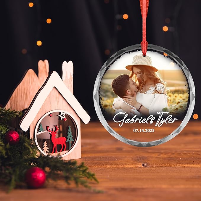 Custom Couple Photo Ornament – Personalized Names & Date Keepsake – Acrylic or Glass Wedding Ornament – Engagement