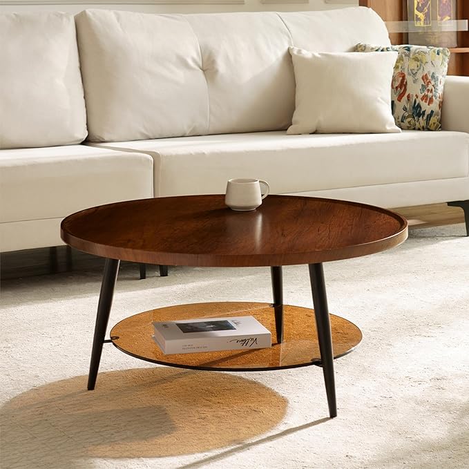 Saint Mossi Modern Coffee Table for Living Room, Mid-Century Round Wood Coffee Table, 2-Tier Center Table for Small Space, Espresso Wood Top and Brown Glass, W31xH15