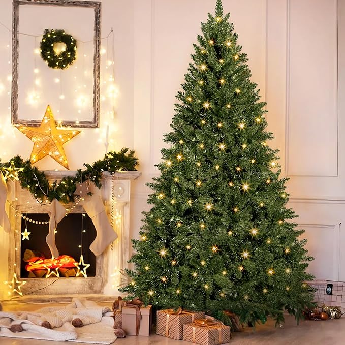 6 FT Pre-Lit Artificial Christmas Tree with 250 Warm White & Multi Lights - 1000 Branch Tips Hinged Spruce for Indoor Outdoor Home Christmas Decorations