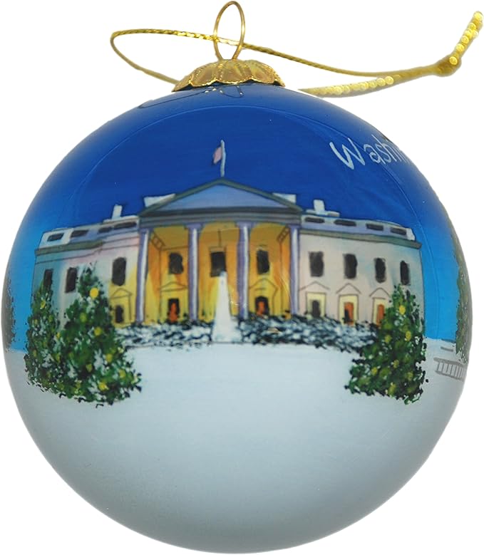 Blown Glass Christmas Ornament | White House in Snow | Hand Painted Inside | Original Art | Includes Gift Box