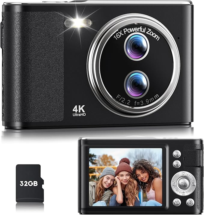 Digital Camera, 48MP FHD 1080P Point and Shoot Camera with 16x Zoom, Anti Shake Compact Portable Camera for Photography with 32GB Card, Autofocus Camara for Kids, Beginners, Teens, Black