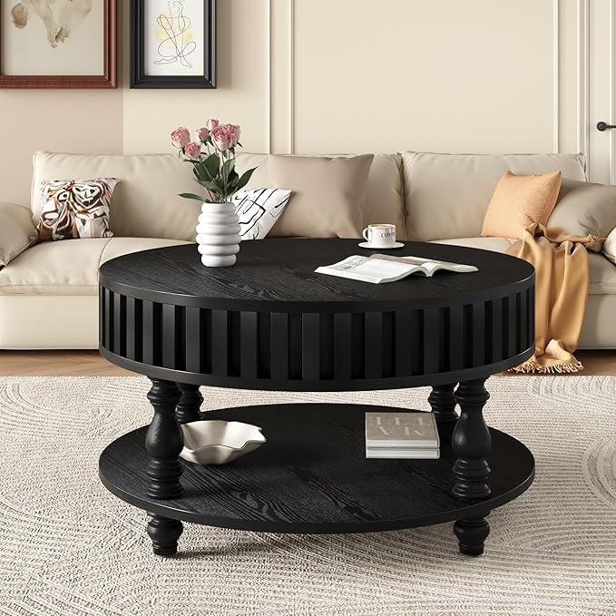 Homora Farmhouse Fluted Coffee Table with Hidden Storage, Rustic Round Center Table with Solid Wood Legs, Circle Wooden Tea Table for Small Space Living Room, 31.49''L × 31.49''W × 16.53''H, Black